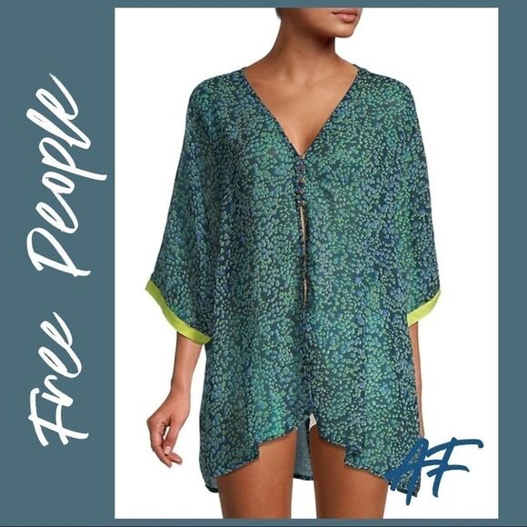 Free People LOUNGE WEAR HI LOW PRINT TOP BLUEGREEN - Picture 1 of 4